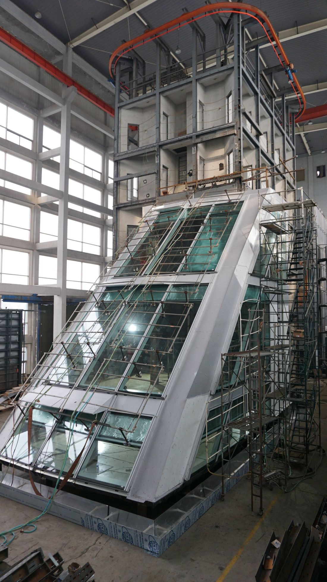 Sloped glazing performance mock-up rigged for testing in a full-scale laboratory